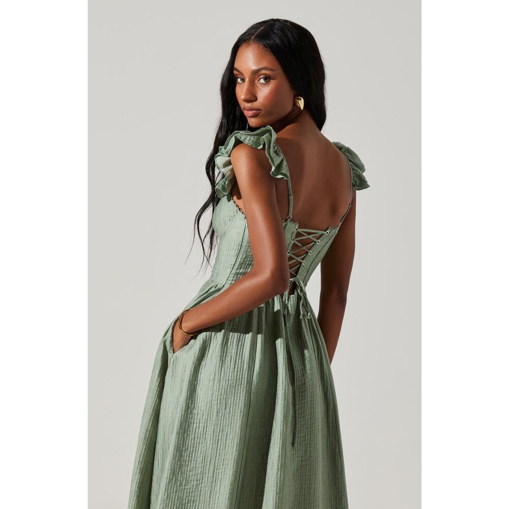 ASTR the Label Wedelia Bustier Midi Dress Sage Green Slit Milkmaid Peasant Med - Picture 3 of 13